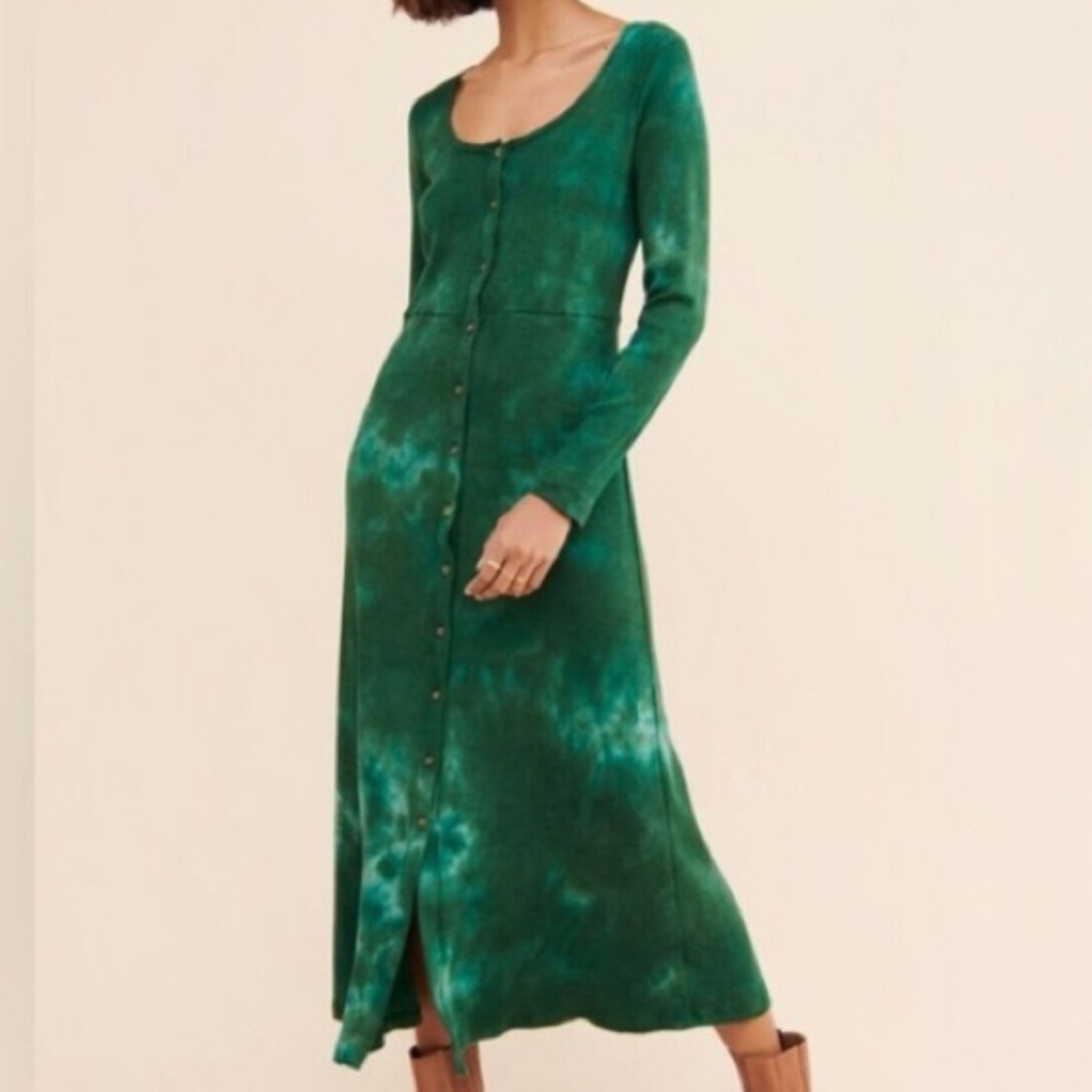 NWT ANTHROPOLOGIE t.la GREEN KALIA TIE-DYE BUTTONDOWN MIDI DRESS